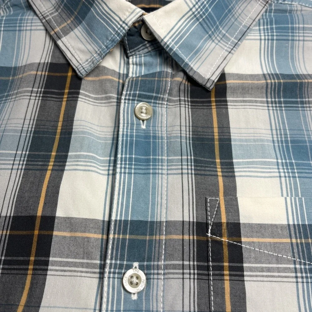 The North Face Mens Large Short Sleeve Plaid Button Down Shirt Blue Gray Outdoor
